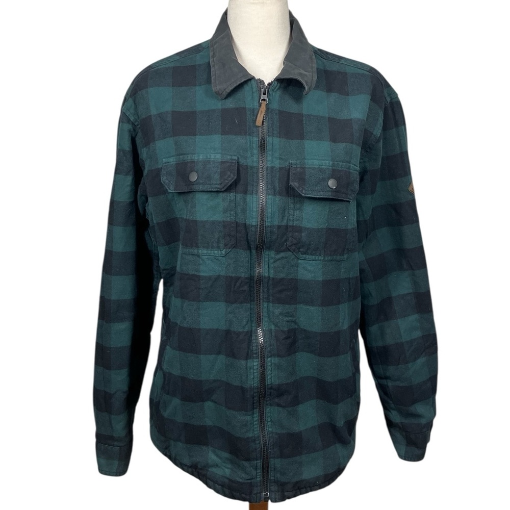 Eddie Bauer Outdoor Classic Fit Green Black Plaid Flannel Jacket Sherpa Lined